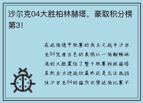 沙尔克04大胜柏林赫塔，豪取积分榜第3！