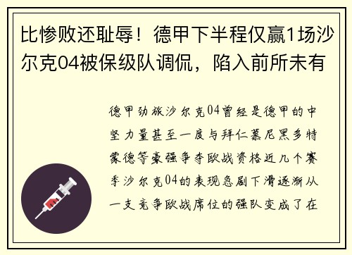 比惨败还耻辱！德甲下半程仅赢1场沙尔克04被保级队调侃，陷入前所未有危机
