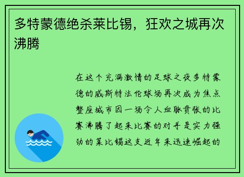 多特蒙德绝杀莱比锡，狂欢之城再次沸腾