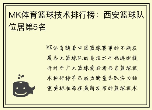 MK体育篮球技术排行榜：西安篮球队位居第5名