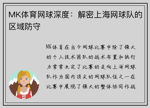 MK体育网球深度：解密上海网球队的区域防守