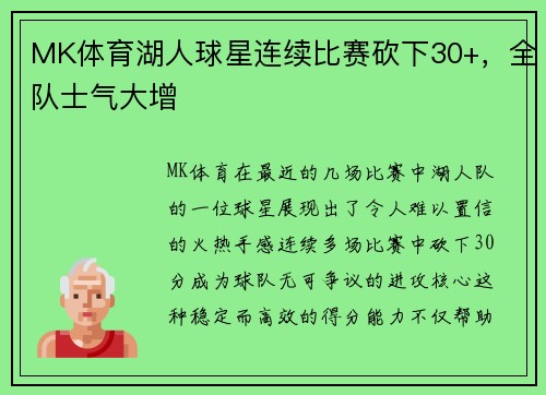 MK体育湖人球星连续比赛砍下30+，全队士气大增