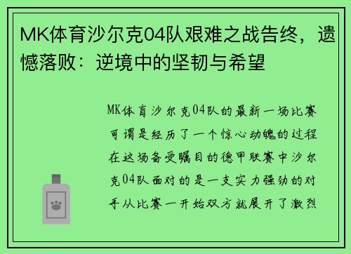 MK体育沙尔克04队艰难之战告终，遗憾落败：逆境中的坚韧与希望